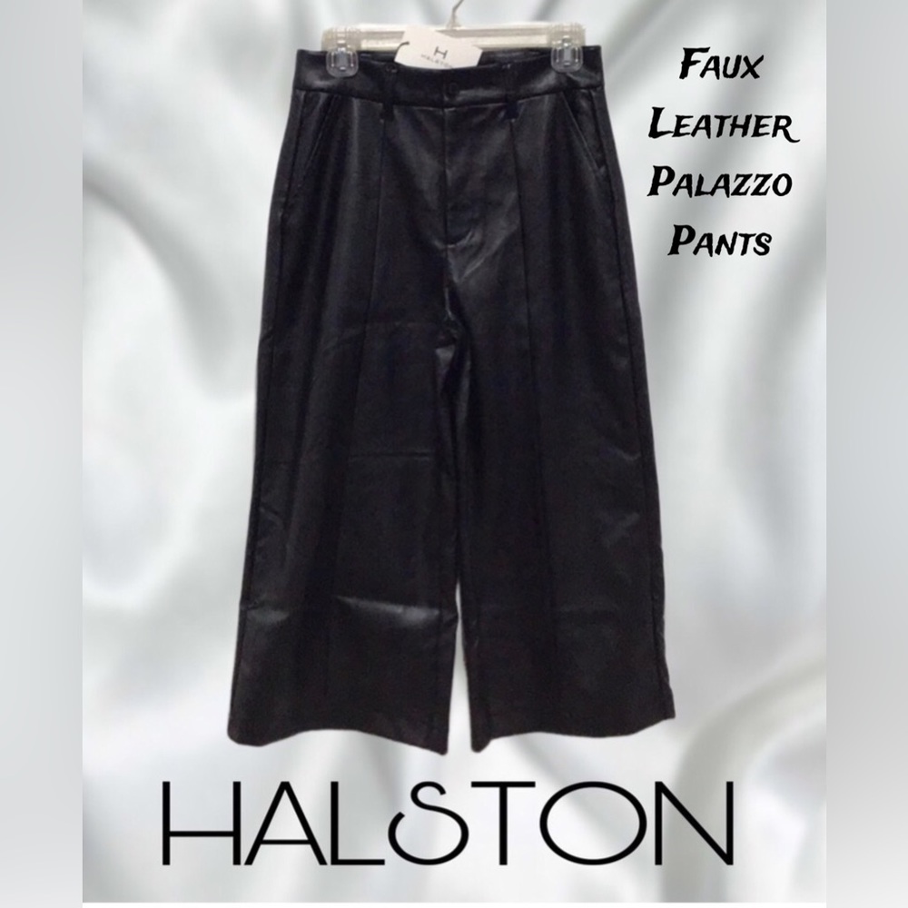NEW HALSTON Palazzo Pants, Faux Leather, Black,‎ Size XS